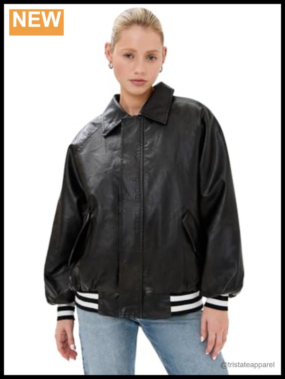 Faux Leather Bomber Jacket Mid-Weight with Ribbed Cuffs and Hem